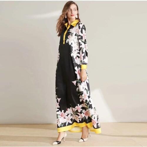 Costom plus size black lily Flowers print high quality summer fashion ladies Straight Collar full sleeve long women dress