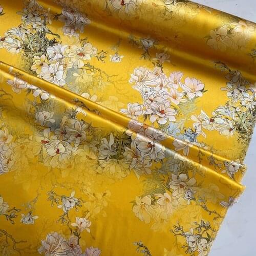 1 Meter Mulberry Silk 40Mm Heavyweight Fabric Cheongsam Dress Printing Satin Bright Yellow Magnolia
