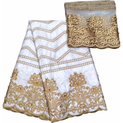 2021 White African Sewing Fabric High Quality Embroidery African Guinea Brocade Nigerian Gele Headtie Mesh Lace 5+2yards/lot
