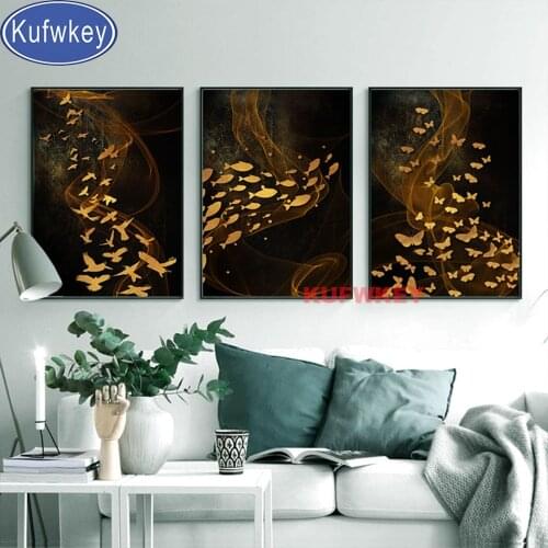 3 pieces black Golden Fish butterfies diamond art,diamond painting full square round diamond embroidery Triptych diamond mosaic