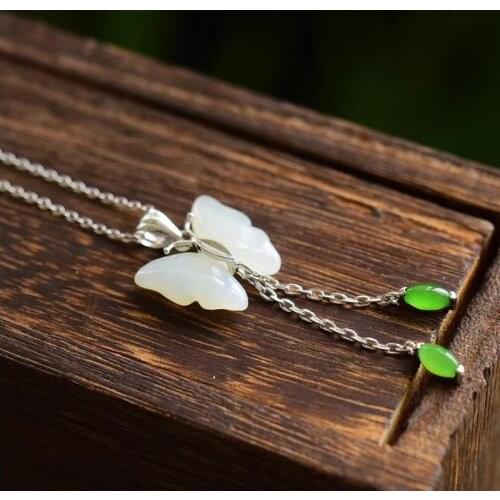 925 pure silver natural he Tian white jade butterfly pendant female retro Chinese wind jade necklace