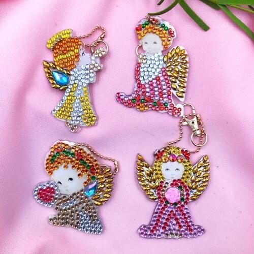 5D DIY 4Pcs Angel Diamond Painting Keychain Rhinestone Embroidery Pendant DIY Craft Kits Mosaic Cross Stitch Diamond Painting