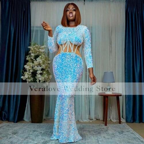Long Sleeves Sequins Sparkly Evening Dresses 2022 Cutway Sexy African Girl Prom Celebrity Party Dress abendkleider