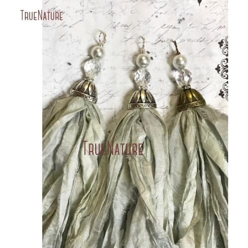 Sari Silk Tassel Pendant Bohemian Tassels Pendant Antique Silver Flower Bead Cap Czech Glass Beads PM14497