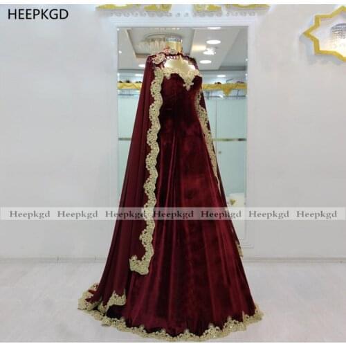 Burgundy Arabic Evening Dress With Cape Sweetheart A Line Chic Beads Tassel Velour Dubai Prom Gowns Long Formal Occasion Dresses