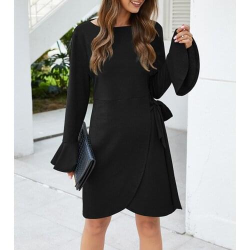 Four Colors Elegant Office Lady Dresses Sexy Women Autumn Winter England Style Solid O-Neck Flare Sleeve Bud Short Casual Dress
