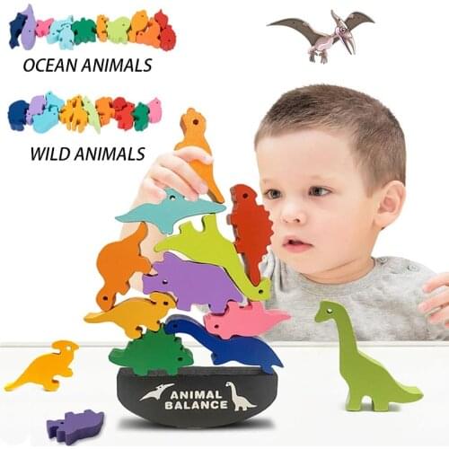 Childrens Montessori Animal Balance Building Blocks Board Game Toys Dinosaur Stacks High Educational Wooden Toys Gifts for Boys