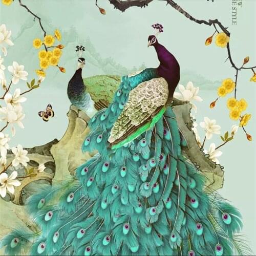 Wellyu Custom large-scale mural wallpaper new Chinese pen blue peacock flower and bird porch background wall decoration painting