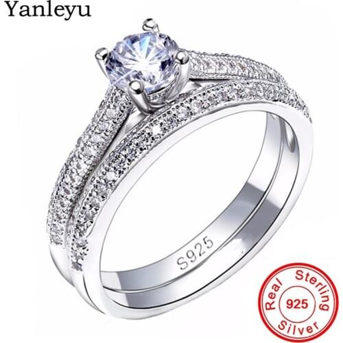 Yanleyu Luxury Wedding Bands Rings Set 100% Real 925 Sterling Silver Cubic Zircon Engagement Rings for Women Fine Jewelry PR128