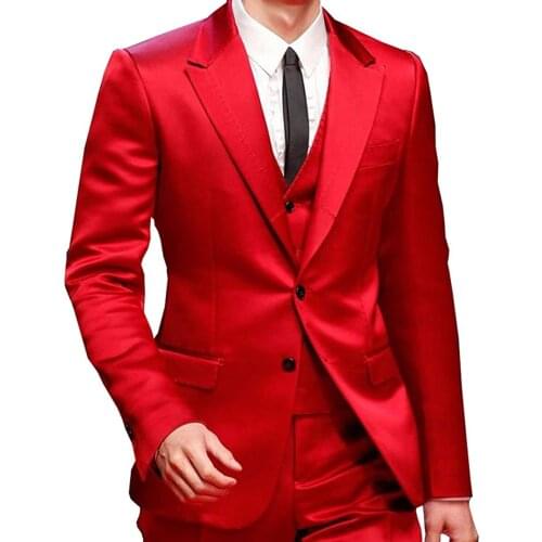 Red Three Pieces Mens Wedding Suits Slim Fit Peak Lapel Jacket Vest Pants Button Down Business Costumes for Work Men