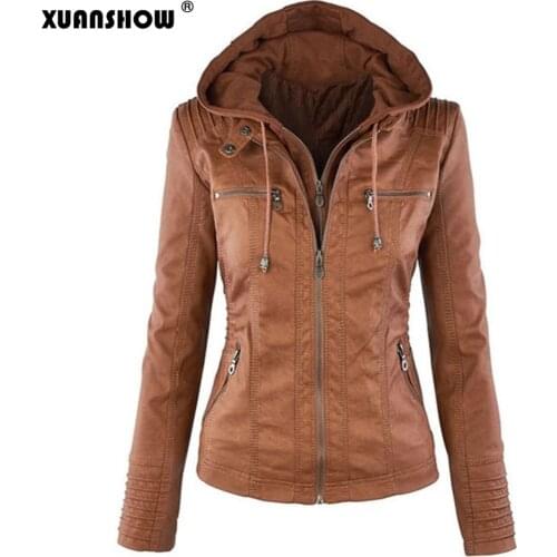 XUANSHOW 2020 Jacket Women Long Sleeve Solid Color Zipper PU Leather Jackets Outwear Parka Trench Coat Plus Size Chaqueta Mujer