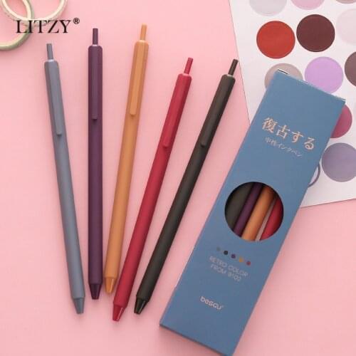 LITZY 5pcs Retro Colors Gel Pens 0.5mm Kawaii Morandi Neutral Pen Diary Journal Pen School Supplies Office Writing Stationery