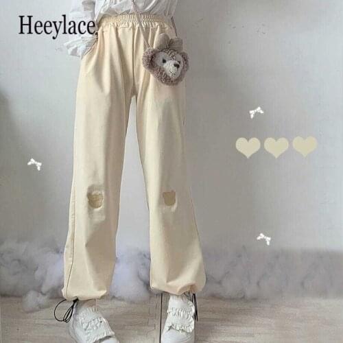 Kawaii Jogging Bear Embroidery Gray Sweatpants Women Baggy Korean Fashion Soft Girl Yellow Sports Pants Wide Leg Trousers