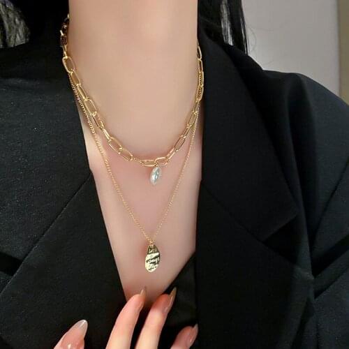 VSnow Fashion Double Layer Irregular Coin Medallion Pearl Pendant Necklace for Women Statement Chunky Chain Necklace Jewelry