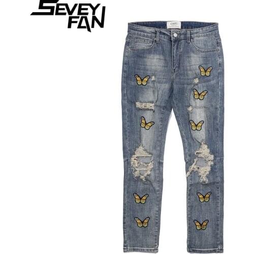 SEVEYFAN Hi Street Butterfly Embroidery Washed Jeans Mens Distressed Broken Hole Denim Pants Streetwear