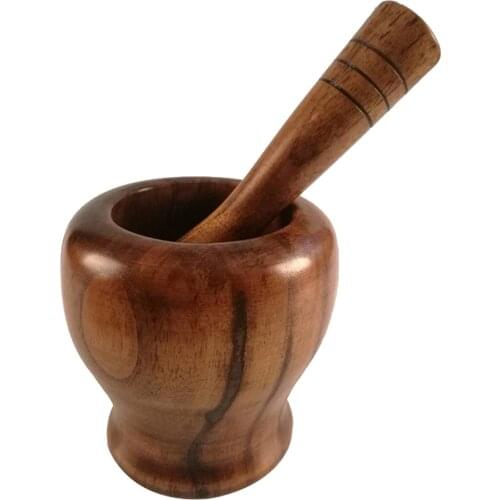 Bamboo Wood Mortar and Pestle Set with Lid Spoon Grinder Press Crusher Masher for Pepper Garlic Herb Spice JS22