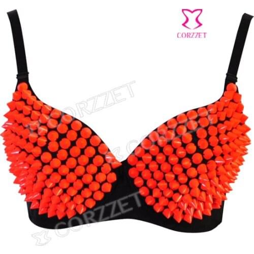 New 2014 Sexy Party Clubwear Novelty Girl Women Bra Exotic Bras With Orange Spikes Rivet Studed Punk Bralet B Cup 32 34 36 38 40
