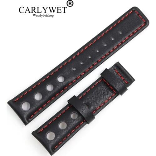 CARLYWET 20mm Real Calf Leather Handmade Black with Red Stitches Wrist Watch Band Strap Belt Without Clasp For T91 PRS516