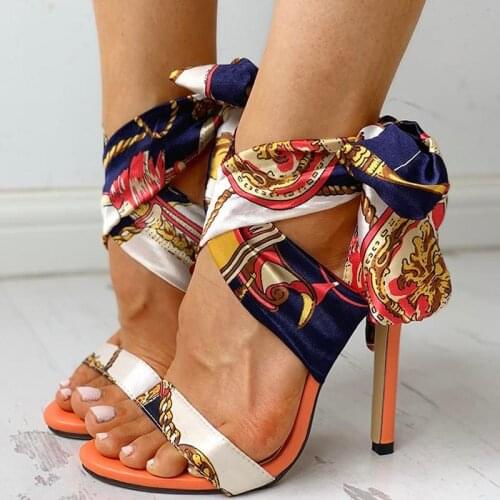 2020 new ribbon large size personality strap pattern high heel sandals summer fashion stiletto womens sandals