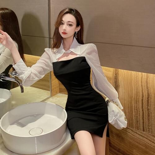 COIGARSAM Sexy Patchwork Women dress New Spring Office Lady Full Sleeve Solid High Waist Sheath Zipper Dresses Black 669