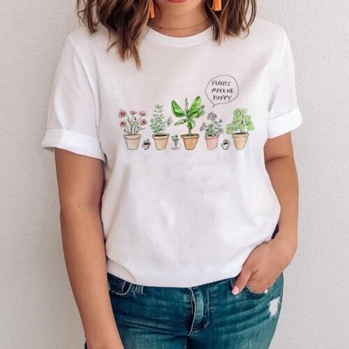 Women Flower Plants Make Me Happy Letter Fashion Ladies Womens Tops Clothes Graphic Female T-Shirt Trendy T Shirt White T-shirts