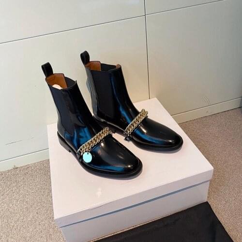 Womens Shoes Paris Black Genuine Leather Chain Chelsea Boots Elastic Gusset Gold Metal Chain Paris Medallion Boots