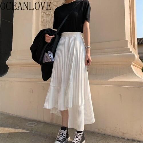 OCEANLOVE Solid High Waist Women Skirts Chiffon Irregular Elegant Spring Faldas 2020 Ruffles Pleated Fashion Long Skirts 15754
