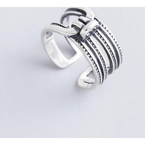 Sole Memory Multi-Layer Geometric Retro Thai Silver Line Bow 925 Sterling Silver Female Resizable Opening Rings SRI538