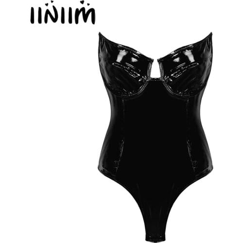 Womens Female Wet Look Costumes Patent Leather Lingerie Skinny Bodysuit Shiny Strapless High Cut Thongs Rave Catsuit Clubwear
