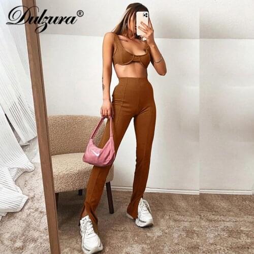 Dulzura bralette slit leggings set women 2 piece crop top high waist patchwork stretch streetwear sexy autumn winter outfit club