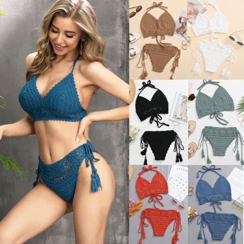 Vamos Todos 2021 Summer Crochet Swimsuit Women 2 Piece Sets Bikini Hollowed Out Bathing Suits Woman Beach Fringe Sexy Swimwear