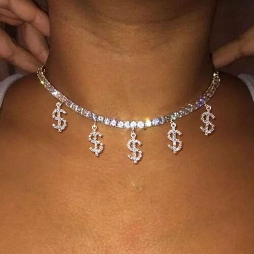 Stonefans Fashion Crystal Dollar Sign Necklace for Women Charm Neck Chain Cute Bohemian Pendant Necklace Collar Choker Jewelry