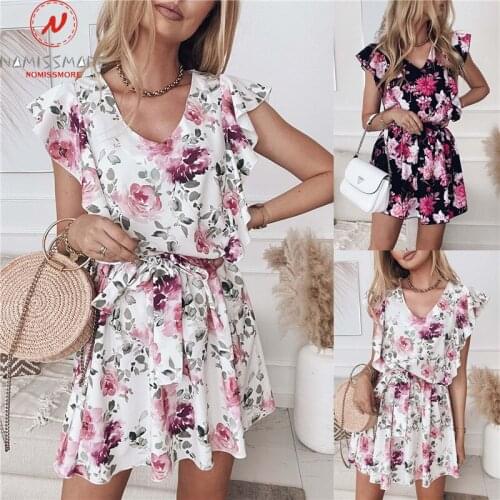 Women Summer Print A-Line Dress Patchwork Design Bandage Ruffles Decor V-Neck Butterfly Short Sleeve Mid Waist Slim Mini Dress
