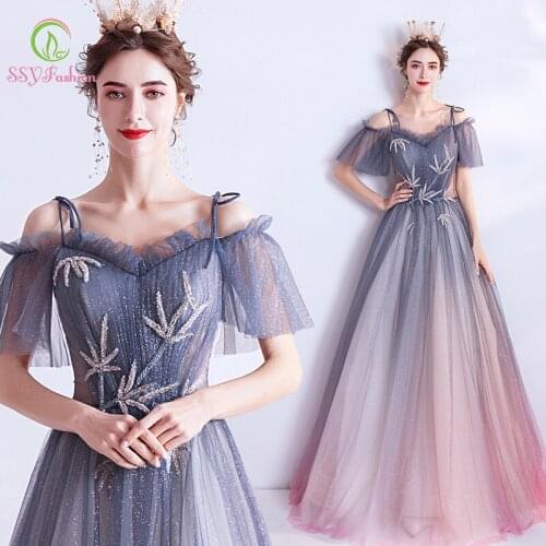 SSYFashion New Romantic Gradient Blue Purple Evening Dress Crystal Beading Long Banquet Elegant Formal Gown Vestidos De Noche