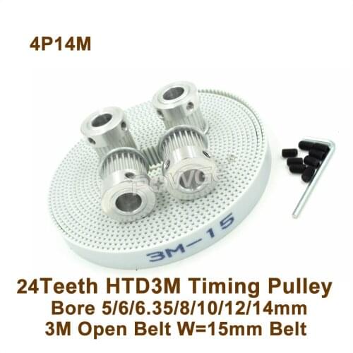 POWGE 4pcs 24 Teeth 3M Timing Pulley 5/6/6.35/8/10/12/14mm + 14meters W=15mm HTD 3M PU Synchronous Belt 24T 24Teeth 3M Pulley