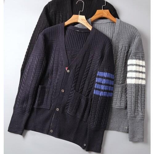 2021 Fashion Brand Sweaters Men Slim Fit V-Neck Cardigans Clothing Striped Wool Autumn Winter Thick Casual Coat
