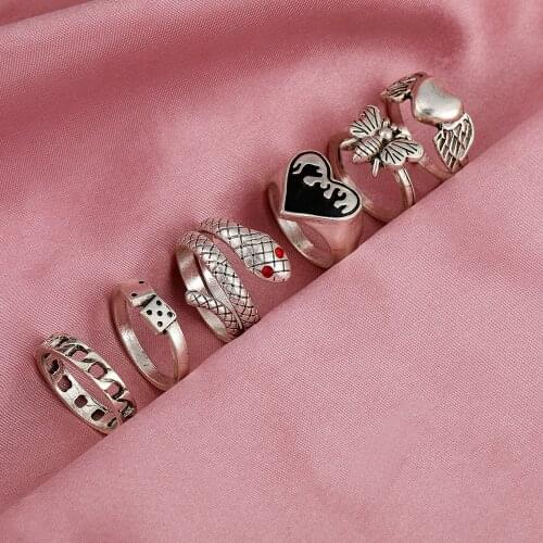 6Pcs Punk Silver Color Flame Heart Rings for Women Goth Kpop Snake Bee Dice Animal Couple Fashion Jewelry Gift Dropshipping