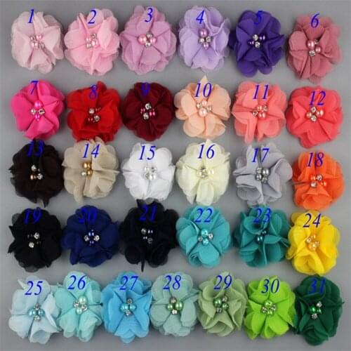 Free DHL high quality 500pcs/lot Cute chiffon flowers with Rhinestone Pearl 31 COLORS girls headbands hair accessories