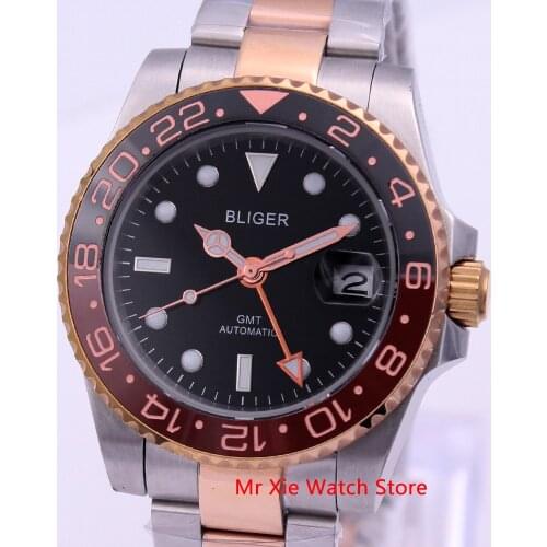 Bliger 40mm Automatic Mechanical Mens Watch Luxury Brand Sapphire Crystal GMT Clock Luminous Waterproof Calendar Wristwatch Men