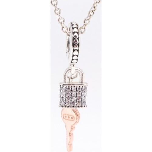 S925 Sterling Silver Valentines Day Rose Gold Key With Lock Pendant Heart Lock Key Fit Original Charms Necklace