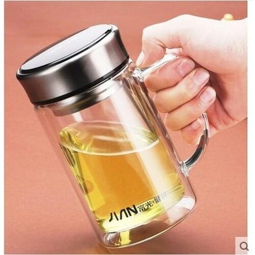 Double Transparent Glass Cup with Handle Leak-proof Round Filter Bubble Tea Cup Stainless Steel Tumbler Coffee Cups Cold Cup