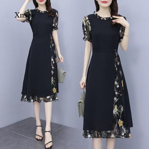 Summer Womens Plus Size Fashion Patchwork Ladies Beach Dress New Floral Chiffon Dress Black