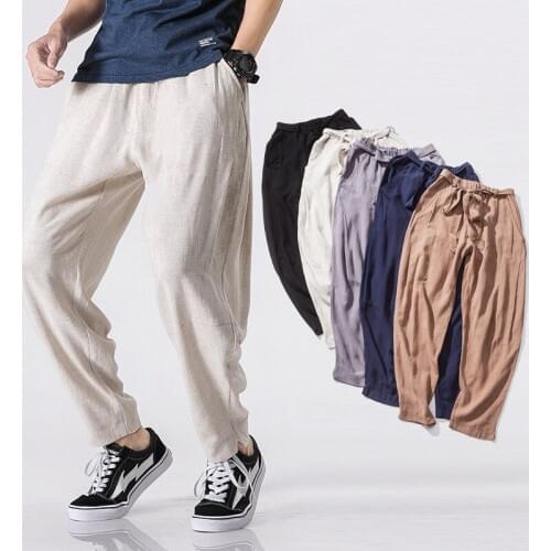 New Summer Thin Breathable Loose Elastic Waist Harem Pants Men Mens Casual Pants Natural High quality Cotton Linen Trousers