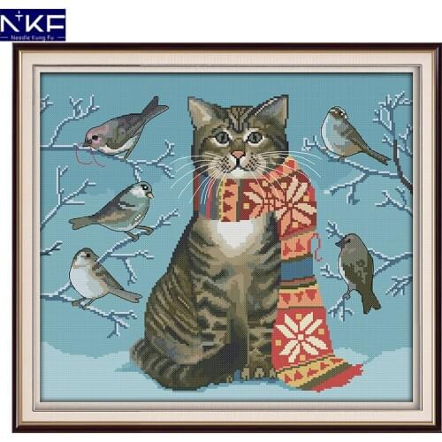 NKF A Cat and Birds Animal Cross Stitch Set Handmade Craft Needlework Cross-Stitch Embroidery Kit Cross Stitch for Home Decor