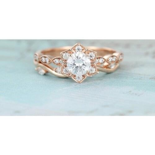 CxsJeremy Moissanite Engagement Ring set Unique Flower 14K 585 Rose Gold 0.5ct Round Vintage Eternity Marquise Wedding Band
