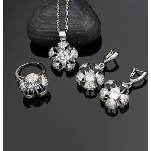 Flower Shaped Silver 925 Jewelry White Crystal Jewelry Sets For Women Wedding Earrings/Pendant/Rings/Necklace Set