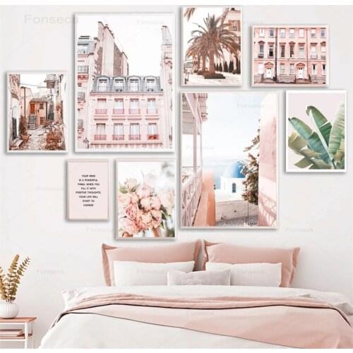 Pink Building Peony Palm Tree Banana Leaf Wall Art Canvas Painting Nordic Posters And Prints Wall Pictures For Living Room Decor