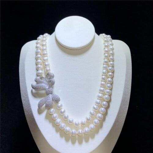 20" 2 Strands White Pearl CZ Connector Necklace