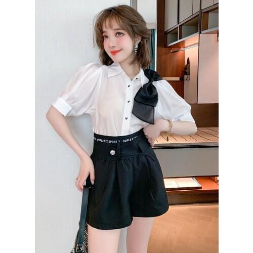 Bump color bow button shirt + love letters new high waist shorts suits summer