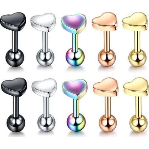 2pcs/lot Lovely Heart Stud Earrings Tragus Barbell Piercings Orelha Cartilagem Rose Gold Conch Helix Stud Ear Piercings Jewelry